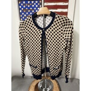 Ann Taylor Navy and Tan Polka Dot Cardigan